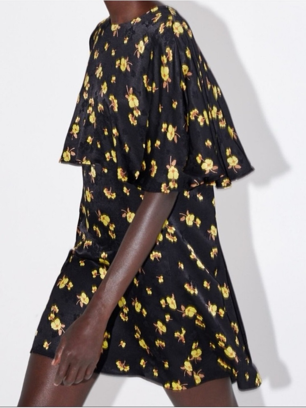 ZARA Black Floral Satin Jacquard Cape Mini Dress M Y2K Party Cocktail Cruise